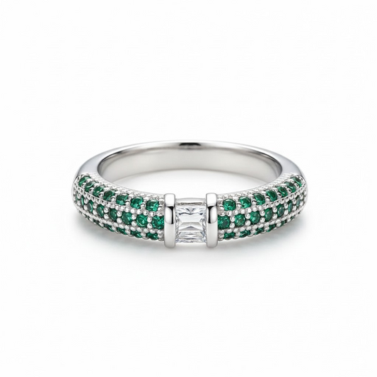 Anillo Cintillo Circonitas Verdes - Rodio - Talla 12