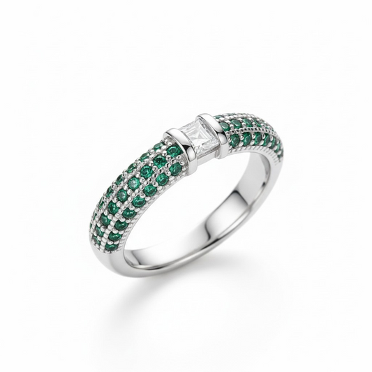 Anillo Cintillo Circonitas Verdes - Rodio - Talla 12