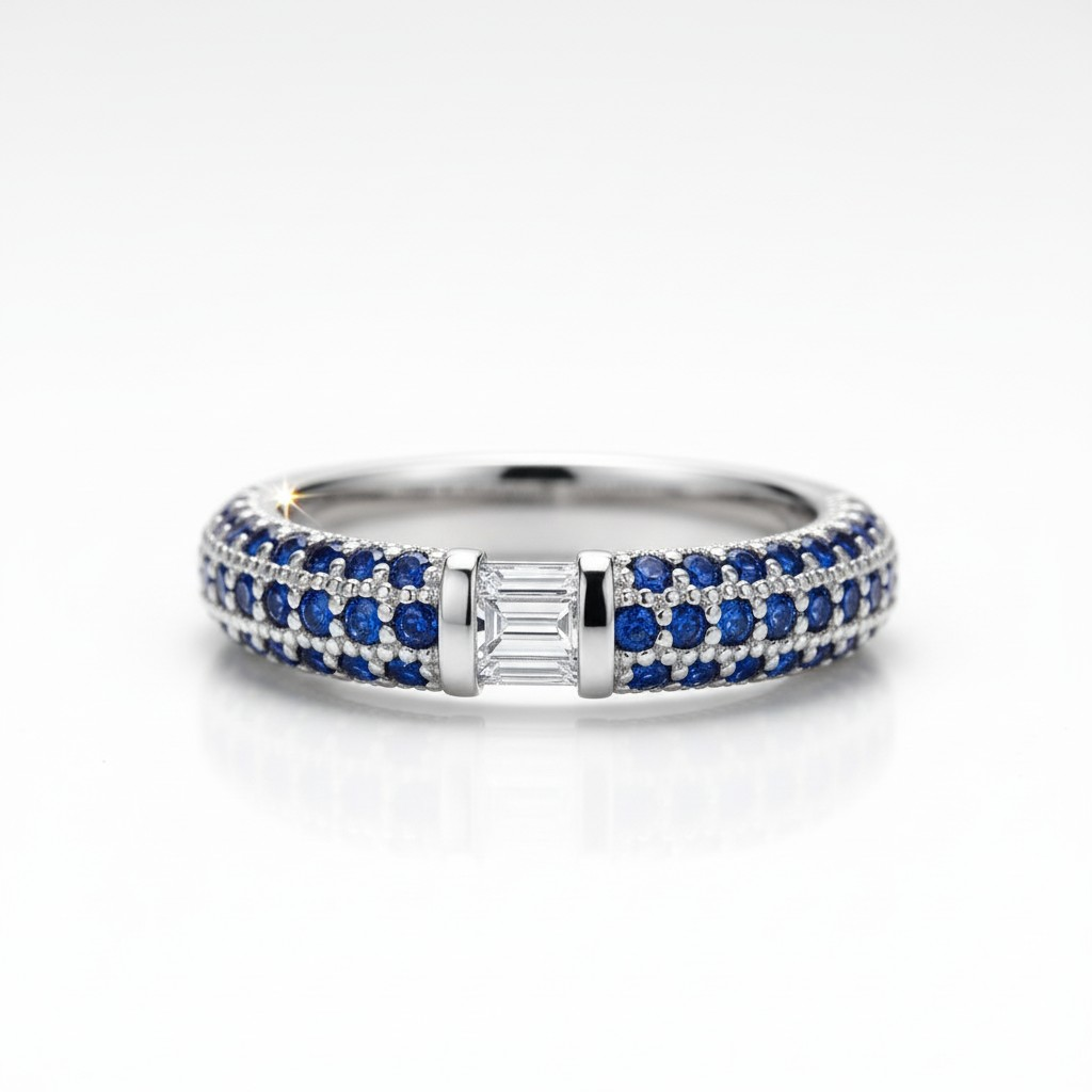 Anillo Zafiro Pavé & Emerald Cut – Baño de Rodio