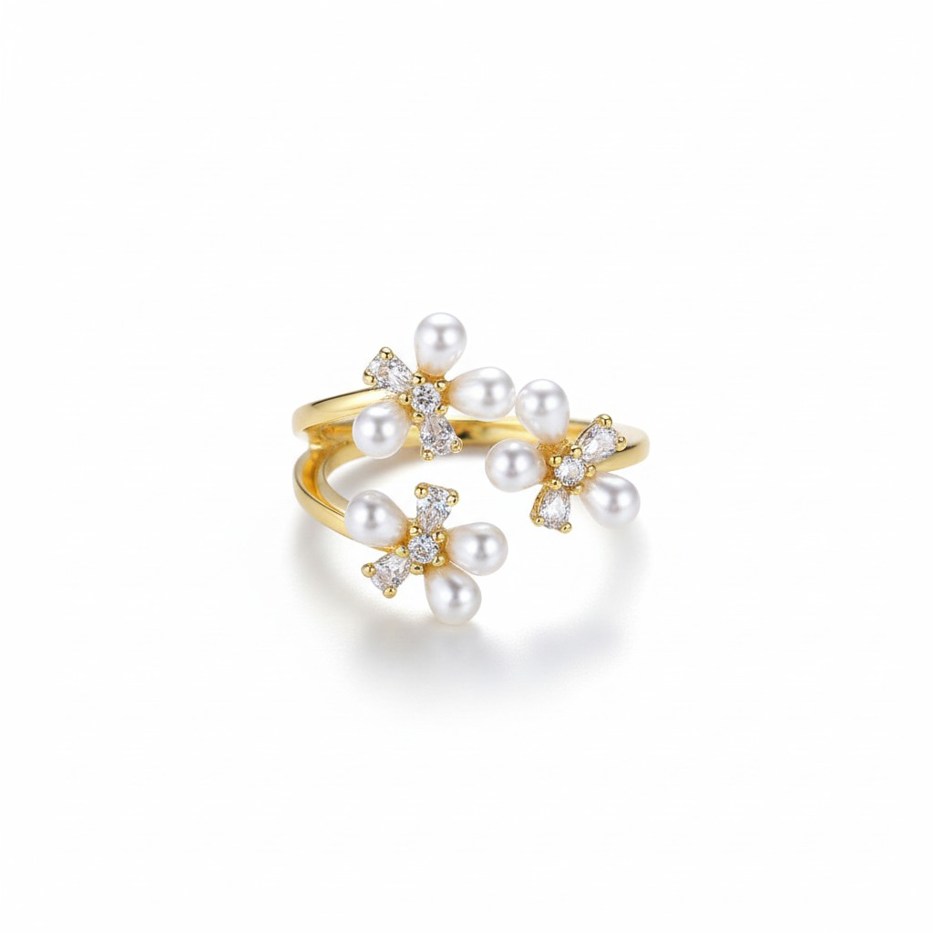 Anillo Ajustable Flores de Perla - Baño de Oro 18k