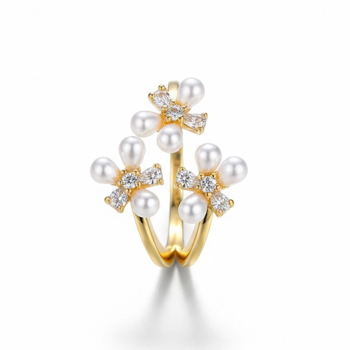 Anillo Ajustable Flores de Perla - Baño de Oro 18k