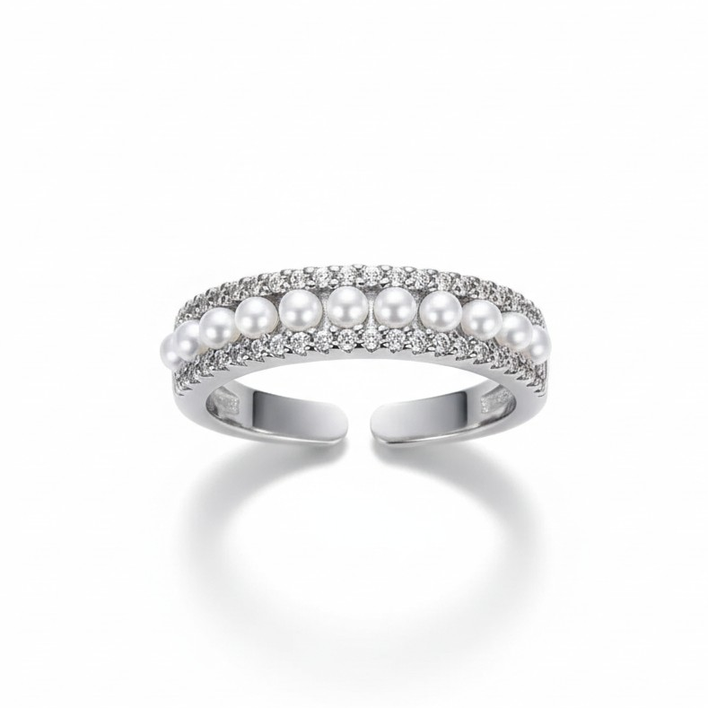 Anillo Cintillo Ajustable Perlas - Baño de Rodio
