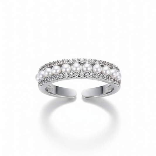 Anillo Cintillo Ajustable Perlas - Baño de Rodio