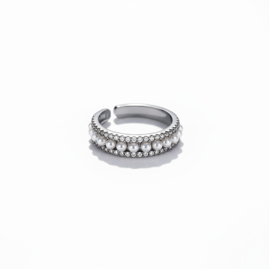 Anillo Cintillo Ajustable Perlas - Baño de Rodio