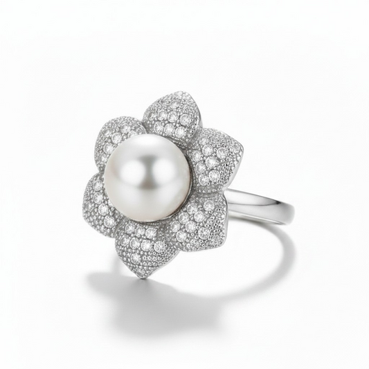 Anillo Magnolia Real Perla - Baño de Rodio