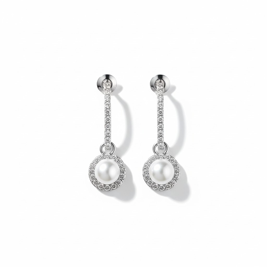 Aros Pearl Drop Halo - Baño de Rodio