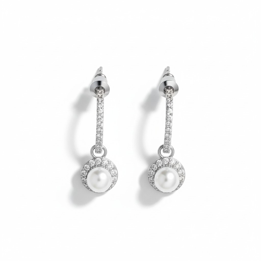 Aros Pearl Drop Halo - Baño de Rodio
