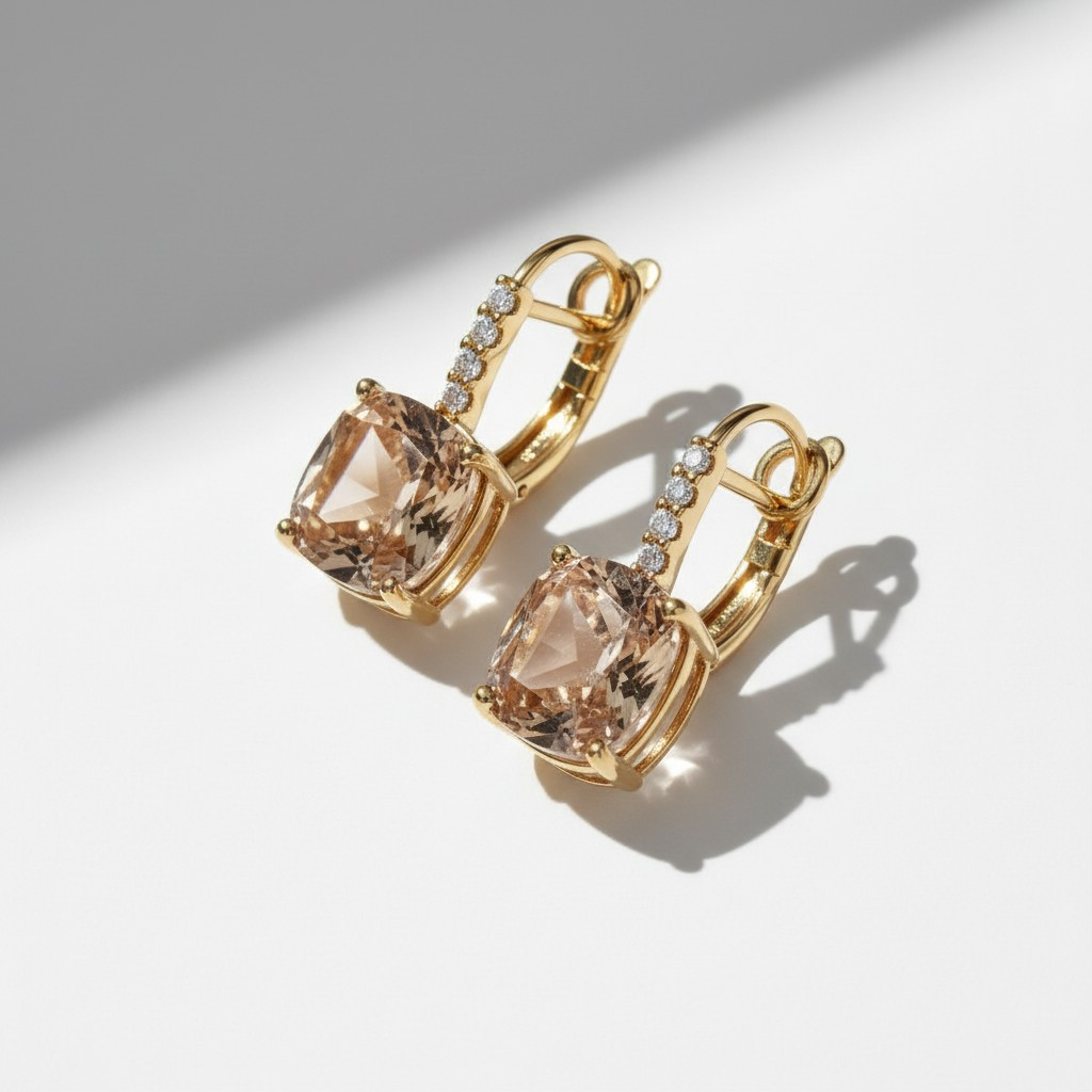 Aros Champagne Cushion Baño de Oro 18k
