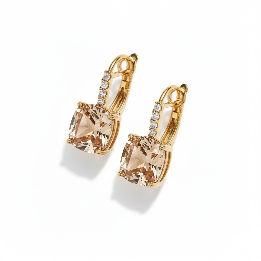 Aros Champagne Cushion Baño de Oro 18k