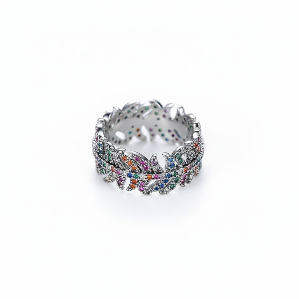 Anillo Plumas Multicolor – Baño de Rodio Negro - Talla 12