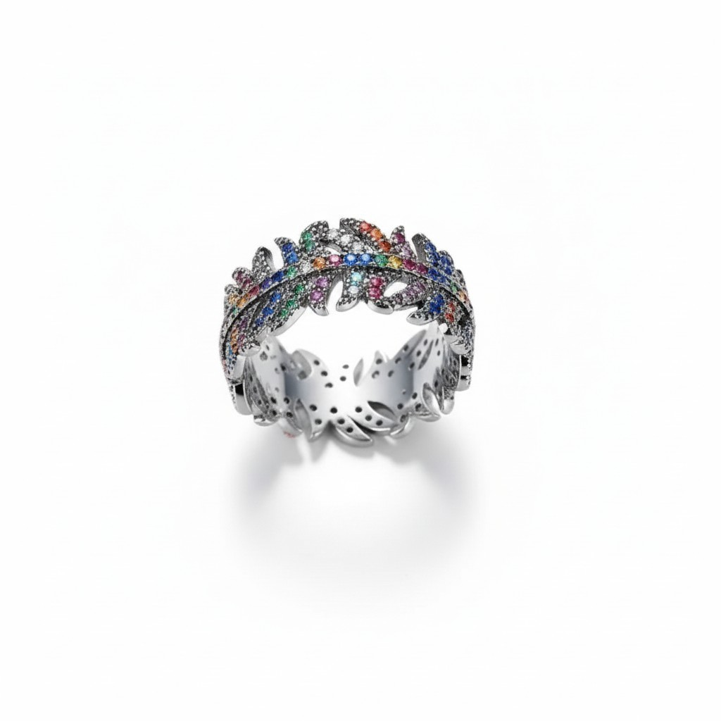 Anillo Plumas Multicolor – Baño de Rodio Negro - Talla 12