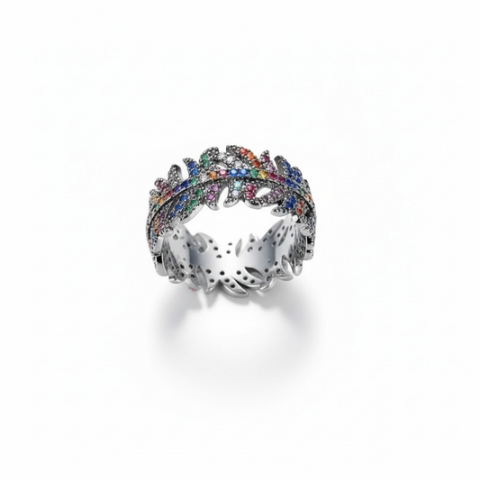 Anillo Plumas Multicolor – Baño de Rodio Negro - Talla 12