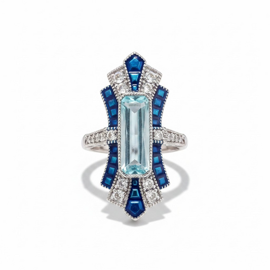 Anillo Art deco Agua Marina - Baño de Rodio