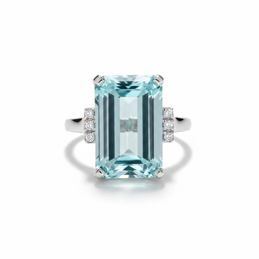 Anillo Circonita Aquamarina - Baño de Rodio