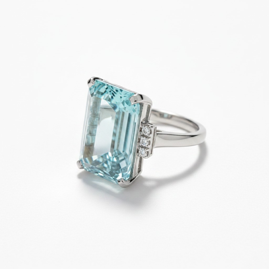 Anillo Circonita Aquamarina - Baño de Rodio
