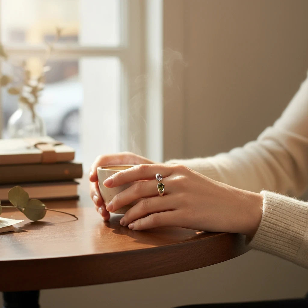 Anillo abierto Ámbar Joyas de plata con dos circonitas en forma de gota, una morada y otra oliva, puesto en una mano