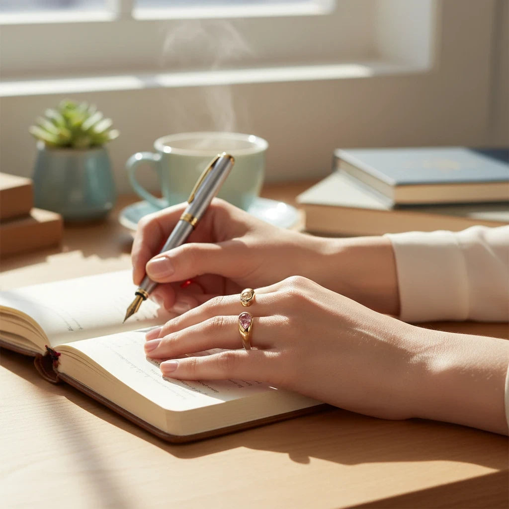 Anillo abierto Ámbar Joyas en tono dorado con circonitas en forma de gota rosa y transparente sobre mano escribiendo
