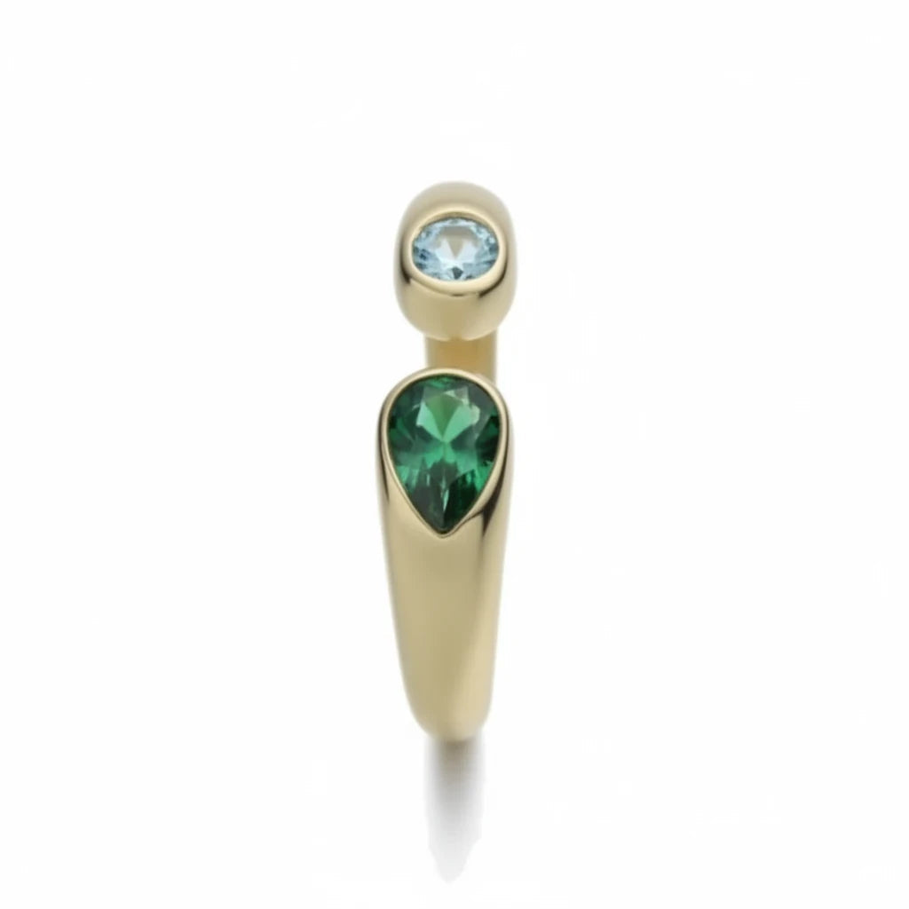 Anillo abierto Ámbar Joyas en tono dorado con circonita verde en forma de lágrima y circonita azul redonda