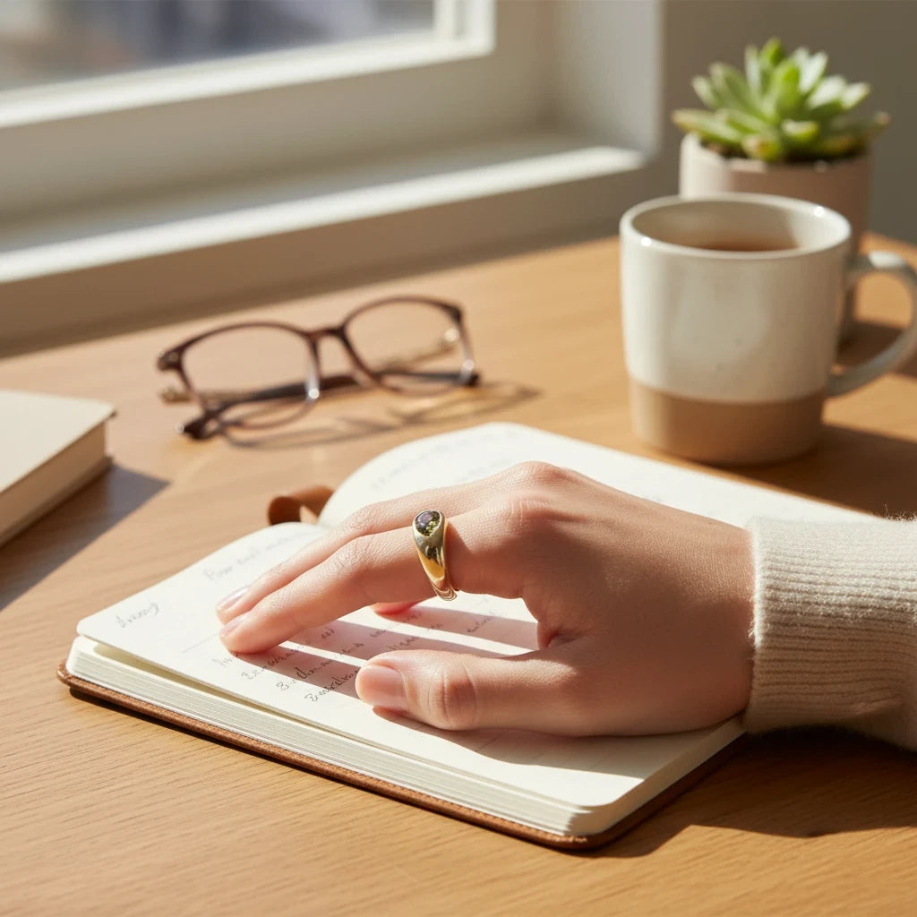 Anillo abierto dorado de Ámbar Joyas con piedras preciosas en mano sobre un cuaderno en un escritorio iluminado