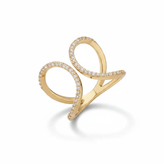 Anillo Ámbar Joyas cruzado y abierto con baño de oro de 18k y circones brillantes en diseño contemporáneo