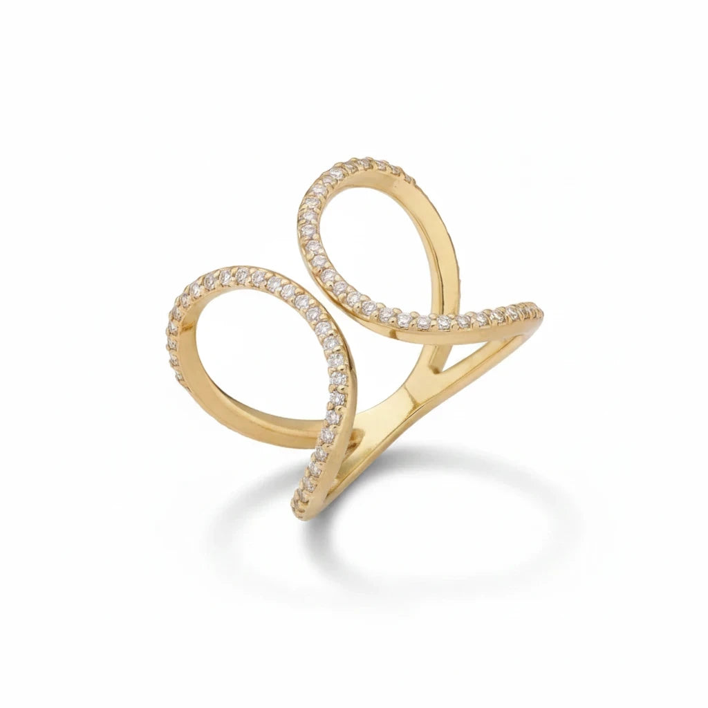 Anillo cruzado Ámbar Joyas con baño de oro de 18k y circones brillantes en diseño abierto contemporáneo