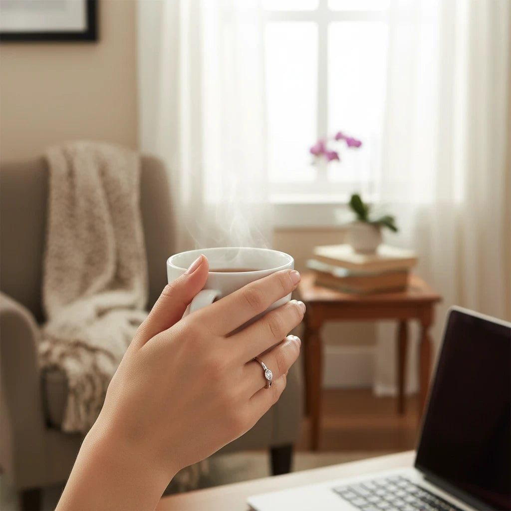 Anillo Ámbar Joyas fino y plateado con circón solitario en mano sosteniendo una taza de café en un ambiente acogedor