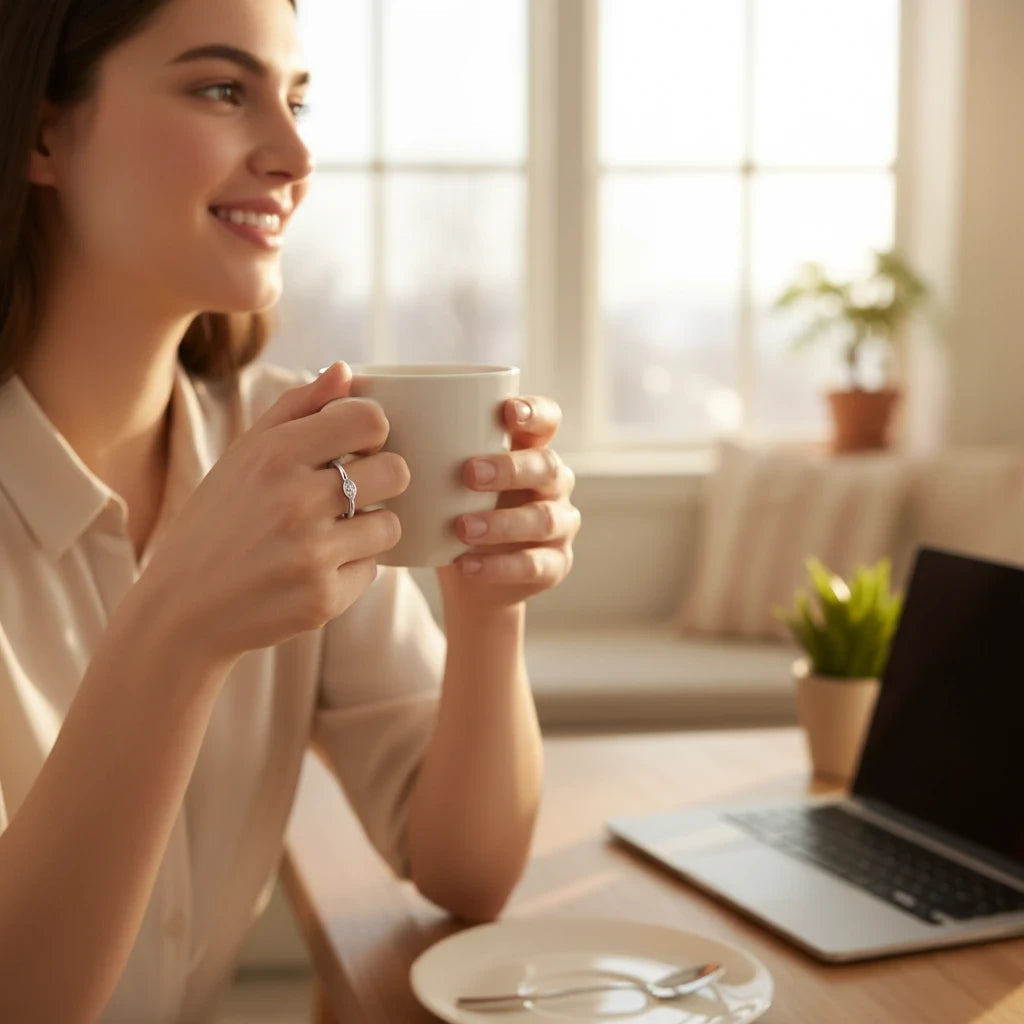 Mujer sonriente con anillo Ámbar Joyas plateado de circón solitario mientras sostiene una taza de café en su escritorio