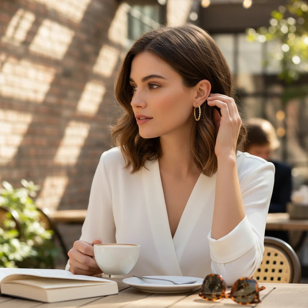 Mujer con argollas Ámbar Joyas de baño de oro 18k con circones en engaste bezel, estilo elegante y minimalista.