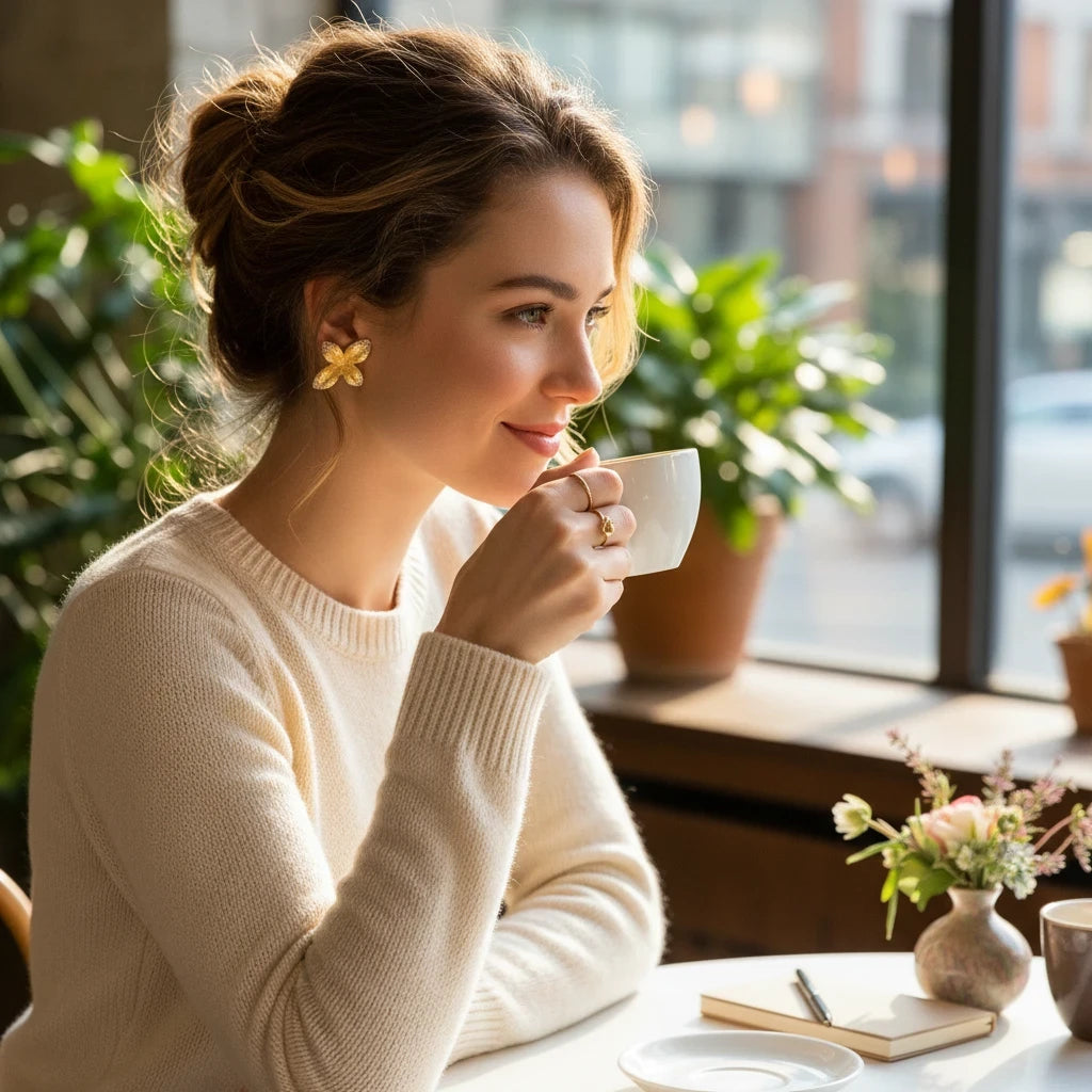 Mujer con aros Ámbar Joyas de flor texturizada en baño de oro 18k, estilo botón, tomando café en una cafetería.