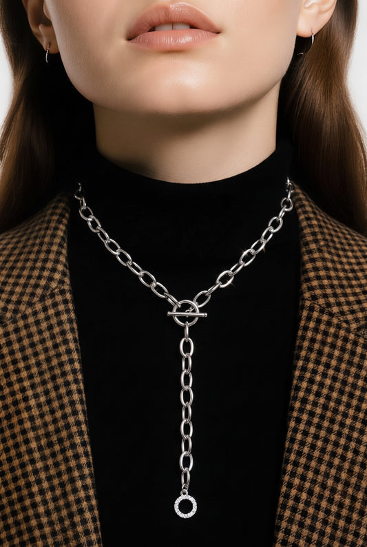 Collar Ámbar Joyas de eslabones alargados con baño de plata, cierre de barra y dije circular brillante en cuello