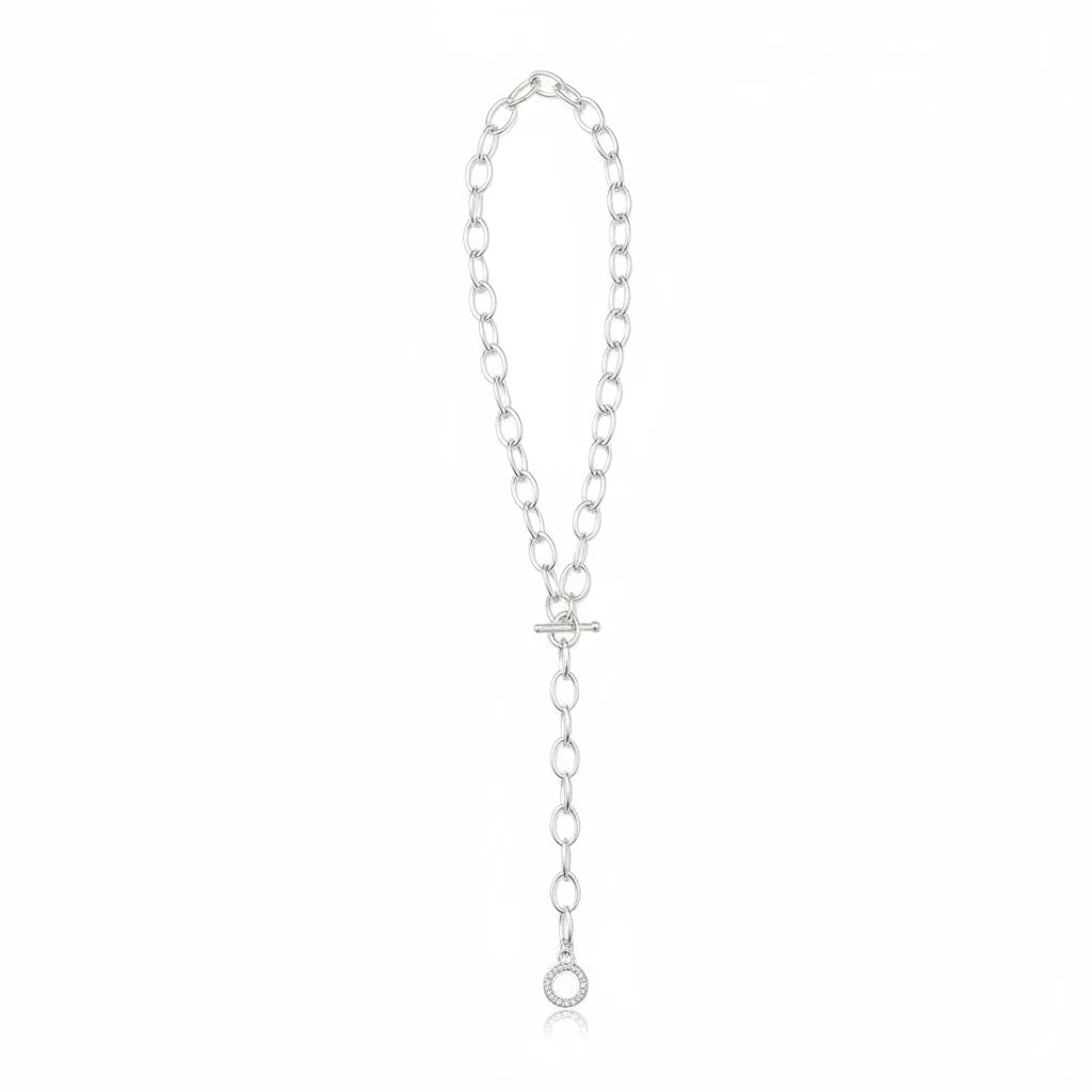 Collar Ámbar Joyas de eslabones alargados con baño de plata, cierre de barra tipo toggle y detalle circular brillante.