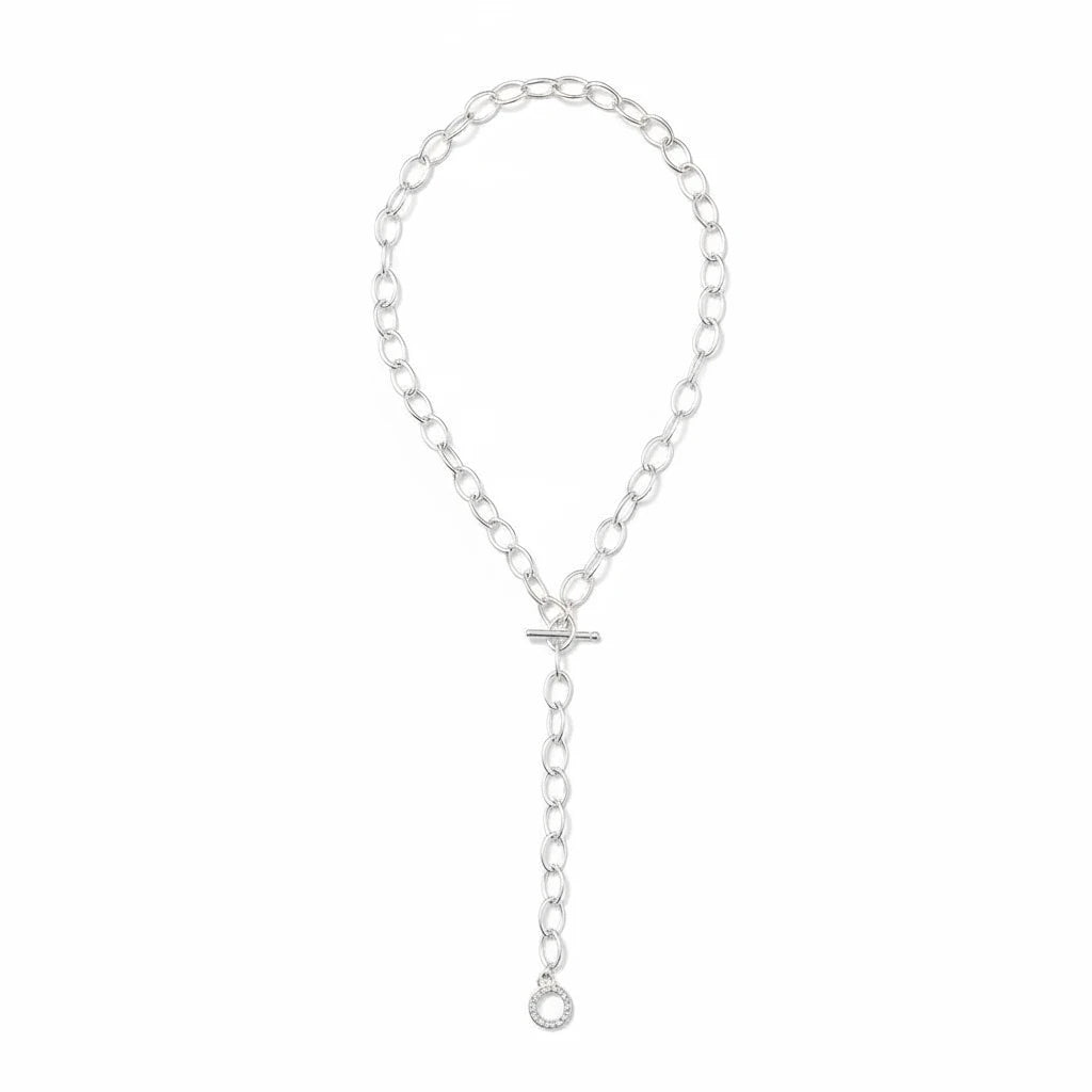 Collar Ámbar Joyas de eslabones alargados con baño de plata, cierre de barra tipo toggle y detalle circular brillante.