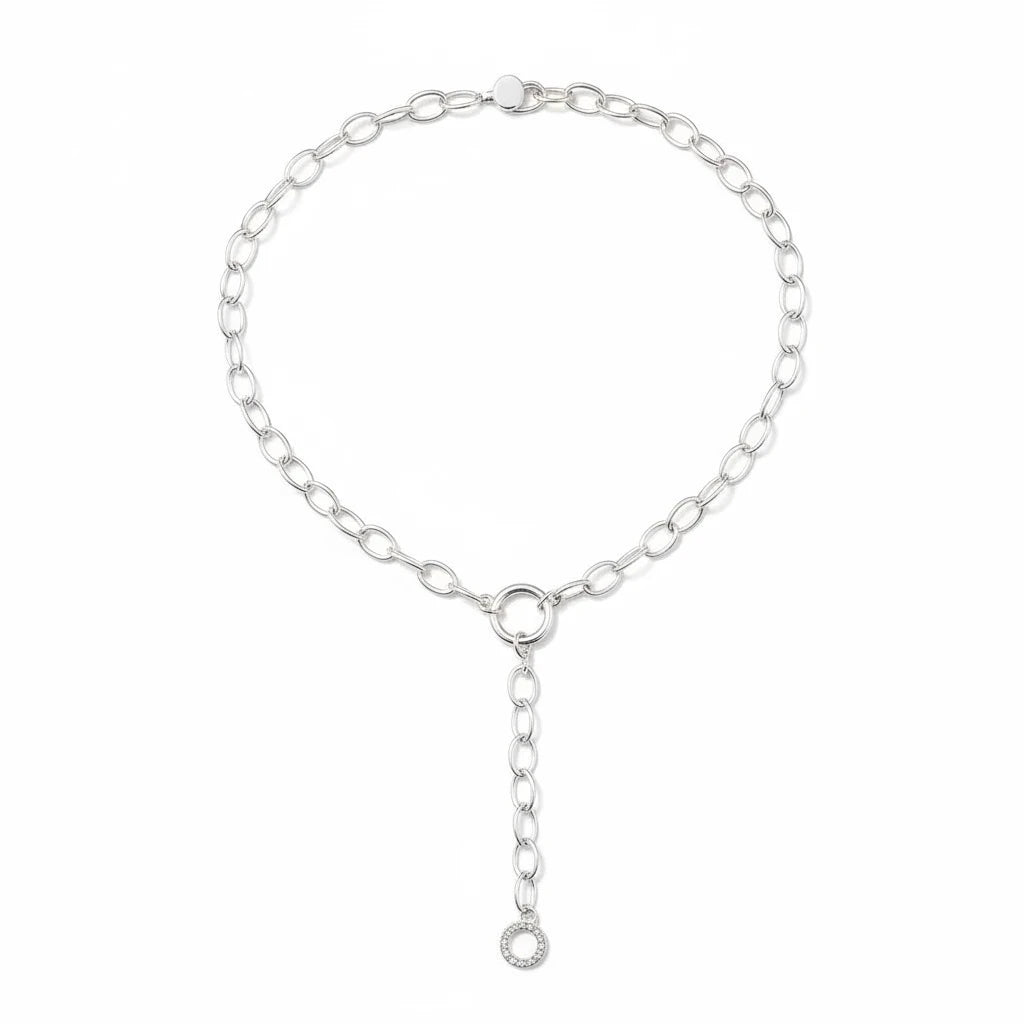 Collar Ámbar Joyas de cadena con eslabones alargados en baño de plata con detalle de círculo brillante y broche barra