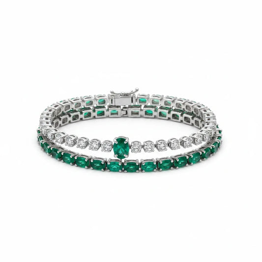 Pulsera Tennis Topacios Blancos y Esmeralda Natural – Plata 925 - Ámbar Joyas