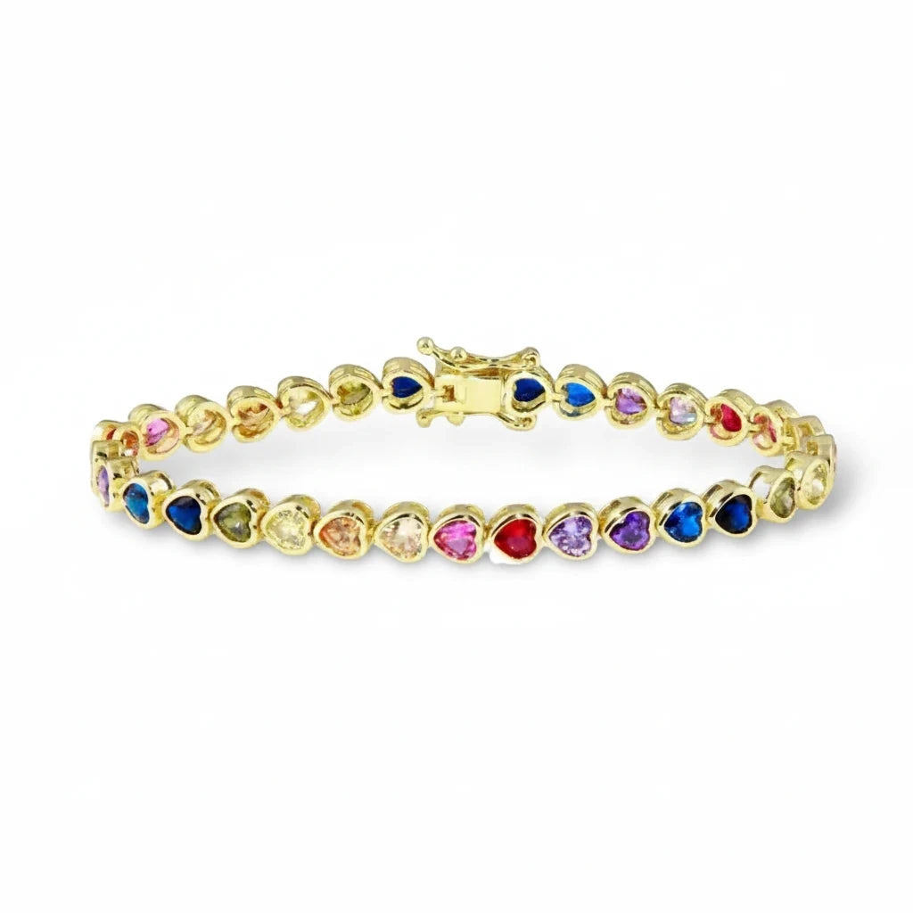 Pulsera Tennis Corazones Arcoíris Bezel – Baño de Oro - Ámbar Joyas (foto 3)