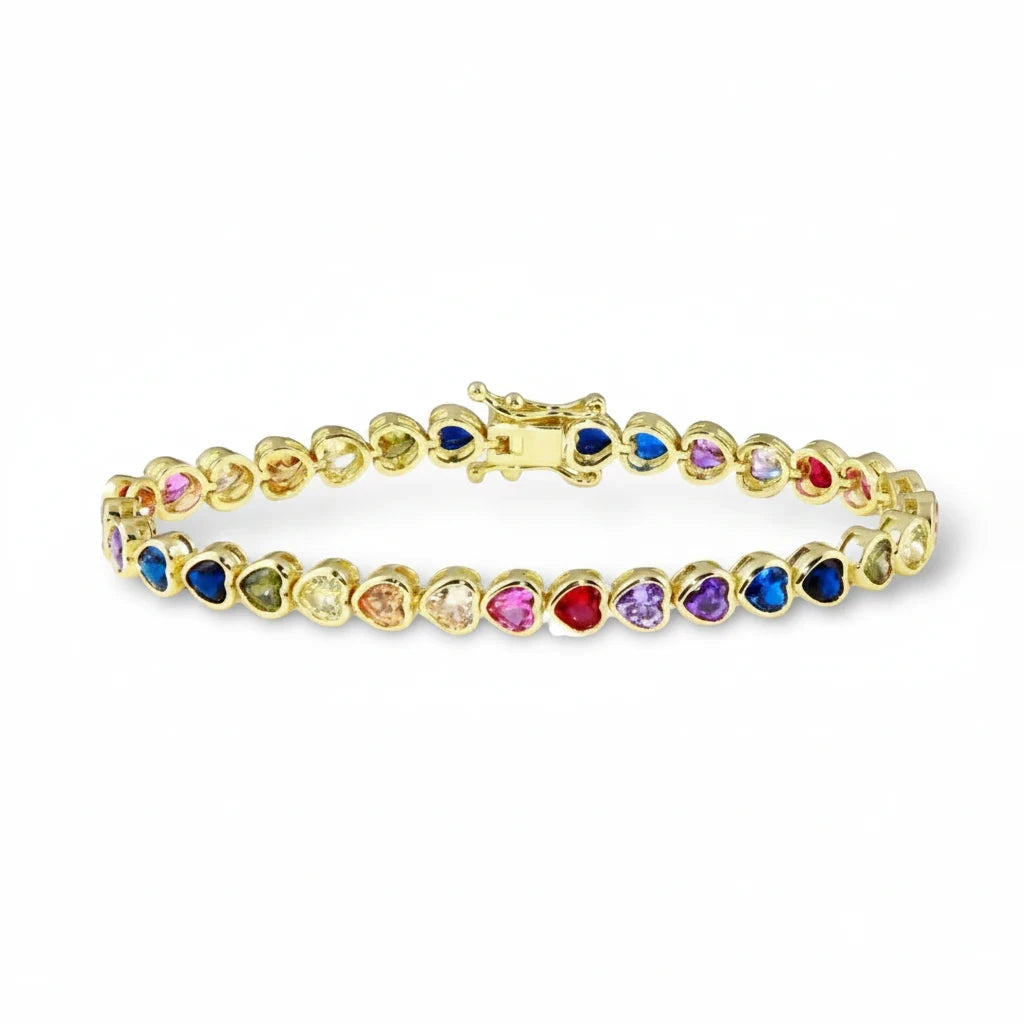 Pulsera Tennis Corazones Arcoíris Bezel – Baño de Oro - Ámbar Joyas (foto 6)