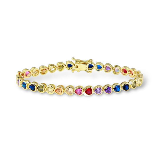 Pulsera Tennis Corazones Arcoíris Bezel – Baño de Oro - Ámbar Joyas