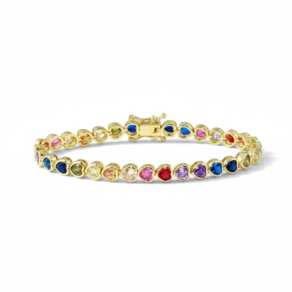 Pulsera Tennis Corazones Arcoíris Bezel – Baño de Oro - Ámbar Joyas (foto 4)