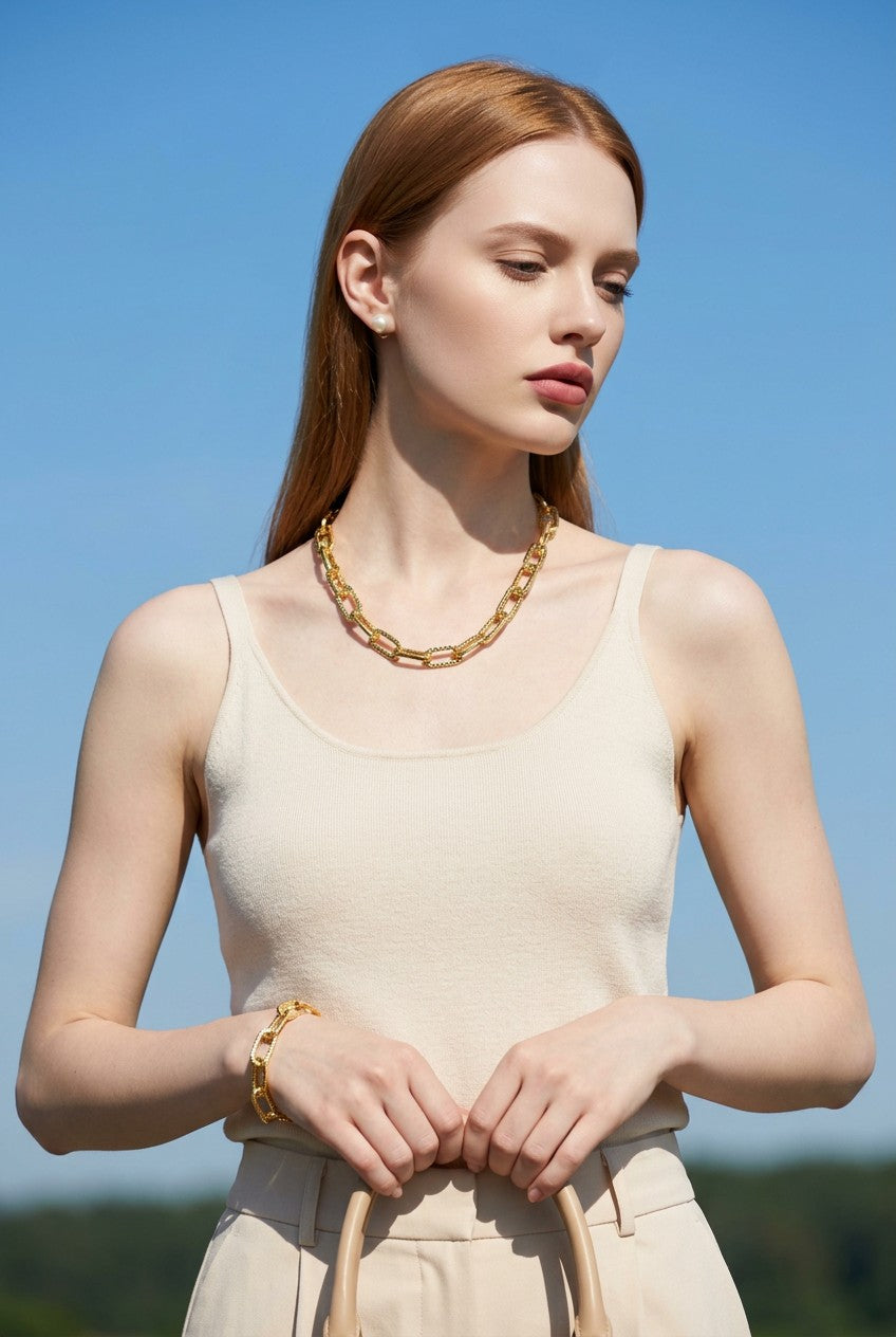 Pulsera Eslabones Alargados Texturizados – Baño de Oro 18k - Ámbar Joyas