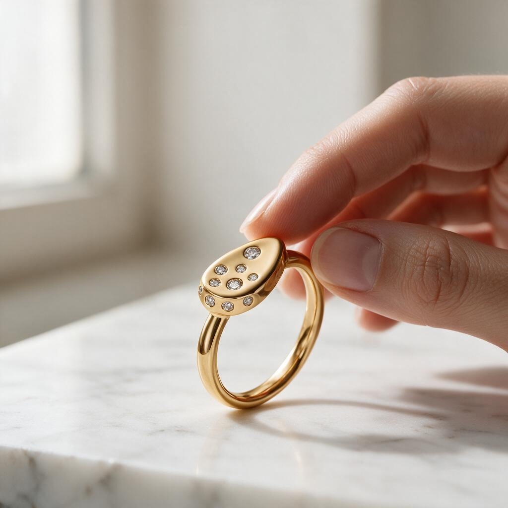 Anillo Sello Oval Circones – Baño de Oro 18k, sobre mármol
