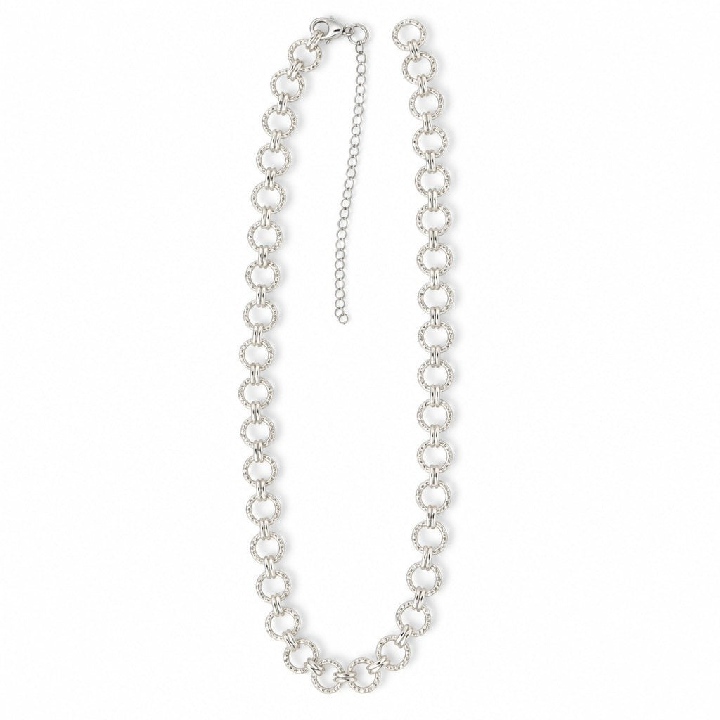 Collar de aros redondos diamantados con baño de plata, 60cm con extensor de 4cm