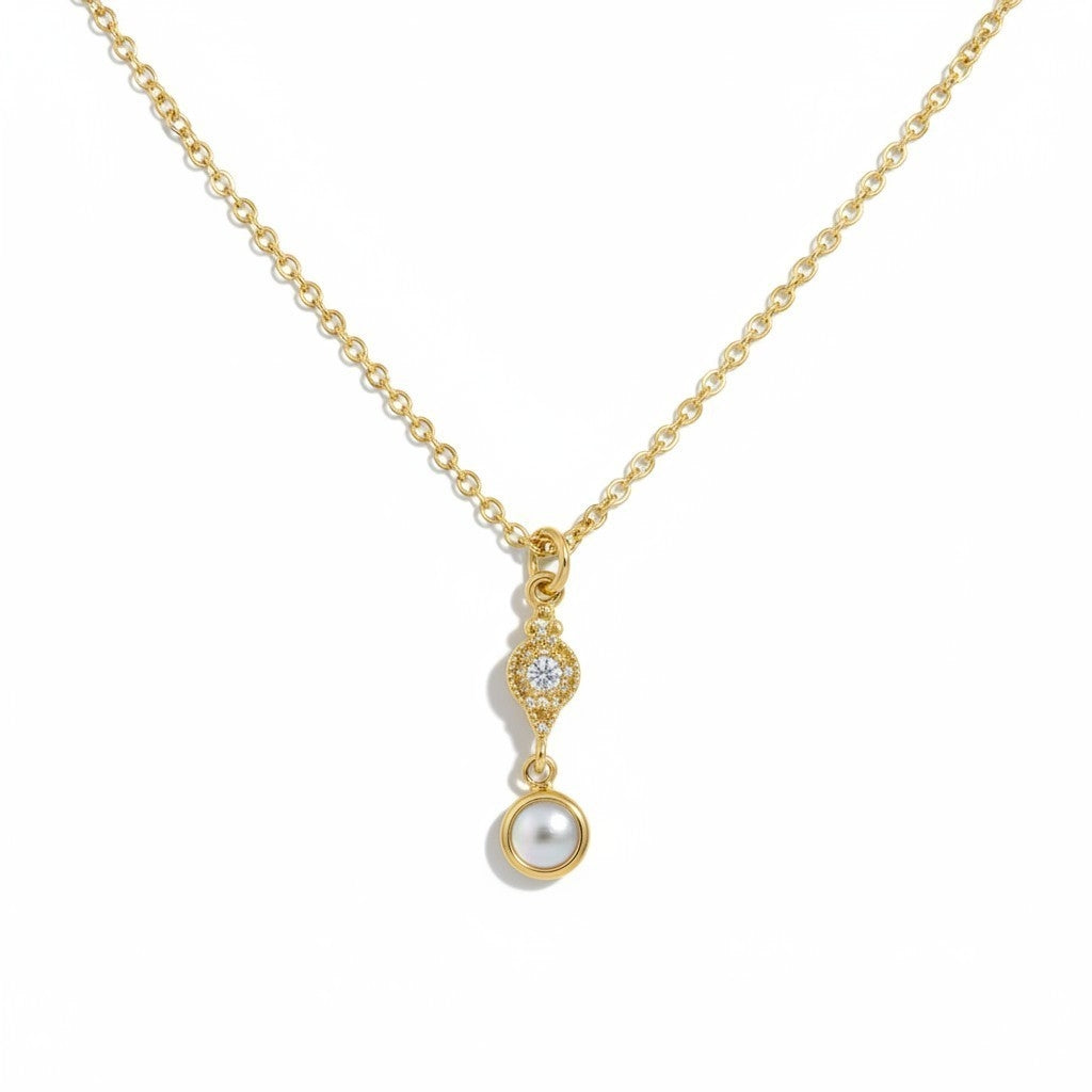 Collar Gota Circón con Perla Baño de Oro 18k
