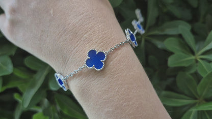 Pulsera Clover Agata Azul Trébol Plateado