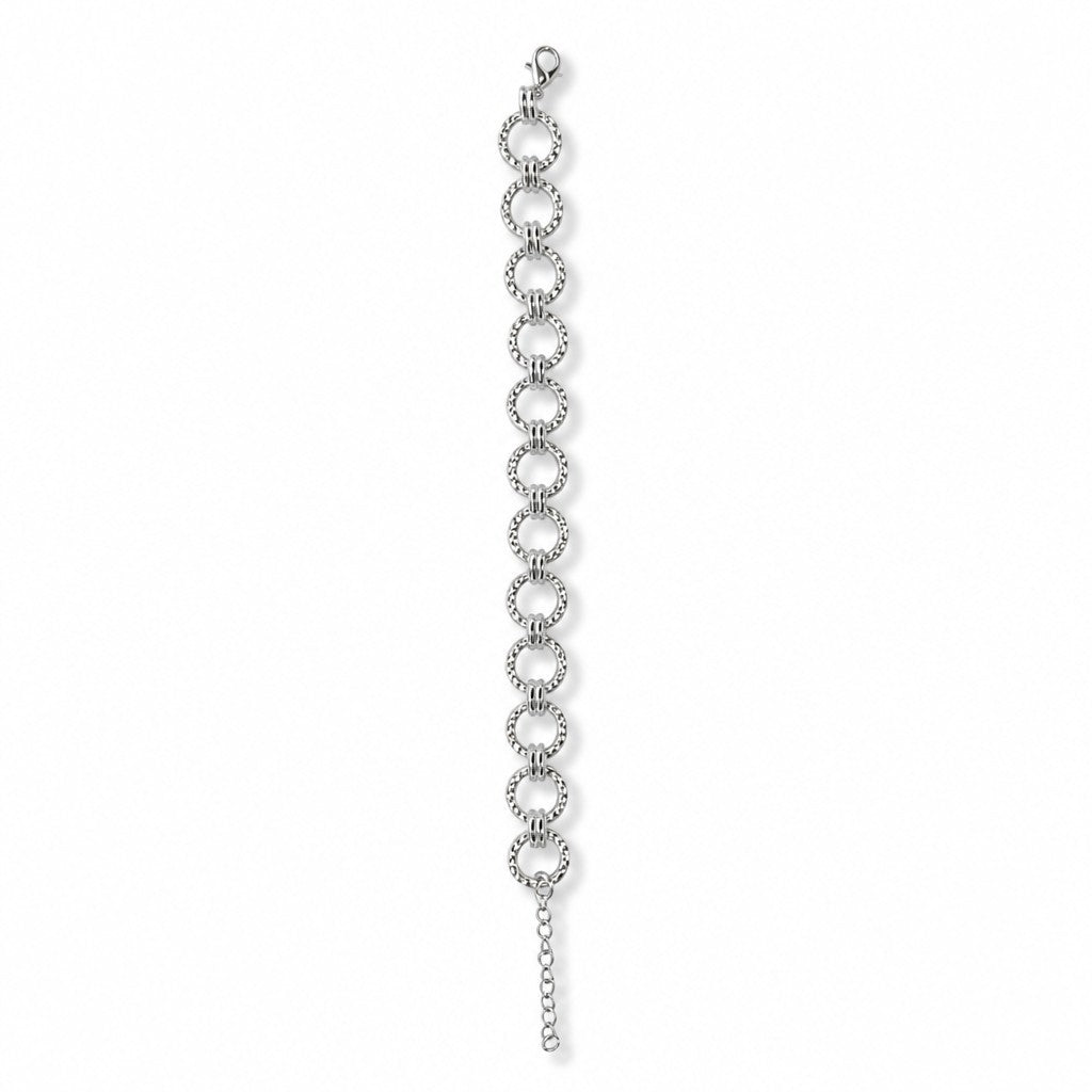 Pulsera aros redondos diamantados baño de plata 18cm extendida con extensor de 3cm