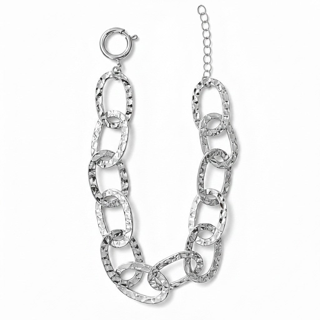Pulsera eslabones ovalados martillados baño de plata 18cm extendida con extensor de 3cm