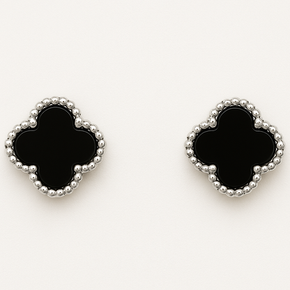 Aros Sweet Clovers Onix Trébol Plateado