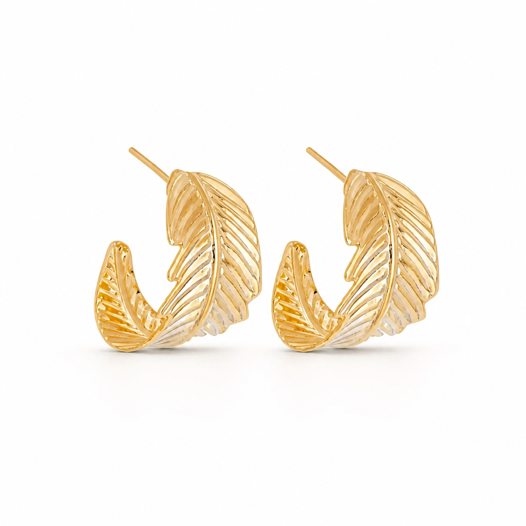 Aros Hoja Pluma Dorada - Baño de Oro 18k
