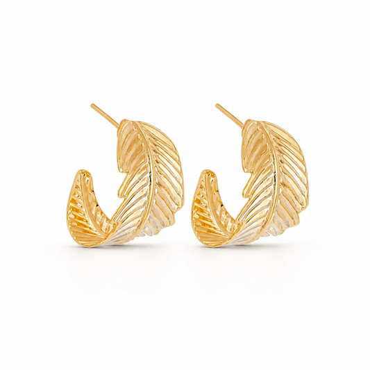 Aros Hoja Pluma Dorada - Baño de Oro 18k