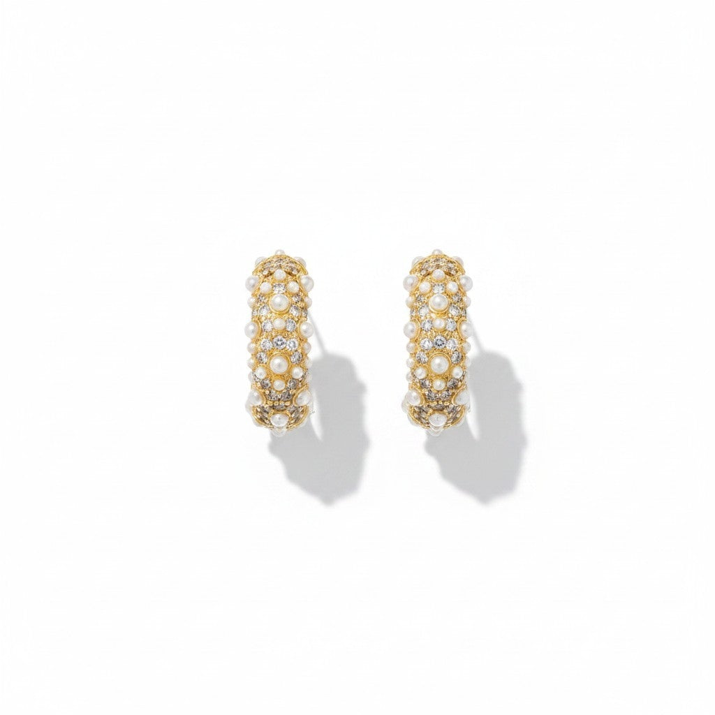 Aros Media Argolla Perlas y Zircones - Baño de Oro 18k