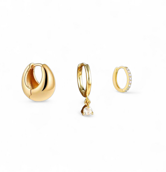 Pack 3 Aros para Piercings 18k– Argolla Lisa, Argollita Zirconias y Argolla Argolla con Dije